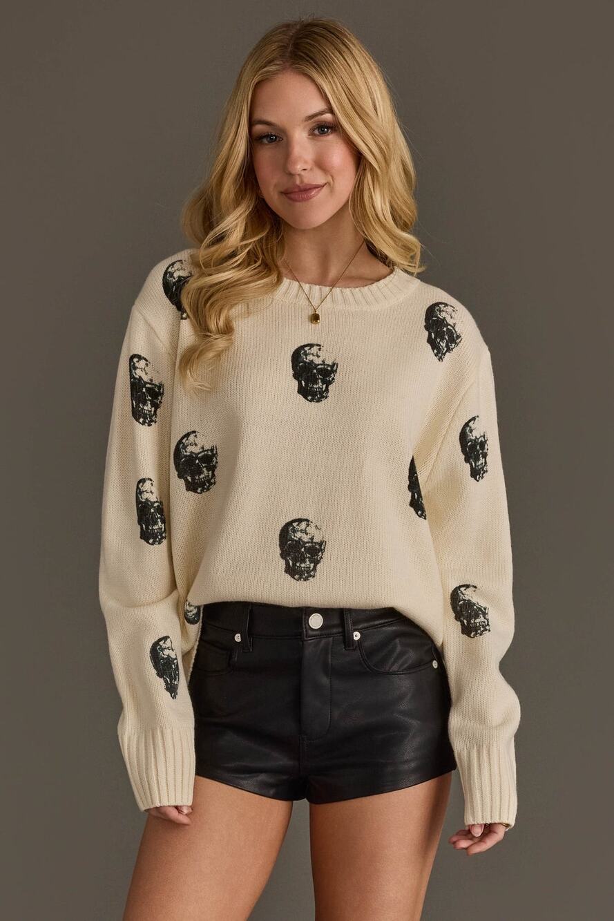 Panache Apparel Ivory Skull Crewneck Sweater Medium Goth Emo Halloween - Picture 1 of 10